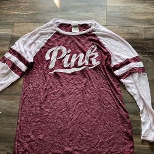 Victoria Secret PINK Baseball Tee. Size small. Light maroon and white.